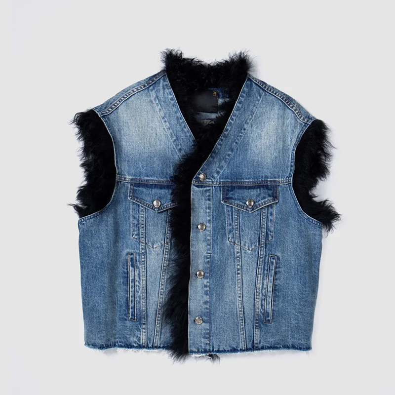 Small fashion plush splicing washed sleeveless fringe design denim vest coat woman