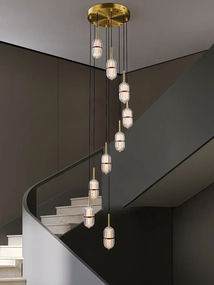 Villa Staircase Long Chandelier New Chinese Style Stair Light Duplex Building Empty Rotating Staircase Chandelier