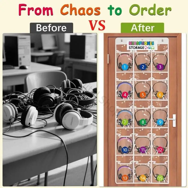 96BA 30 Slot Door Storage Set, 2 Pack Clear Hanging File for Classroom Headphones, Student Phones, Charging Cables and Home Item