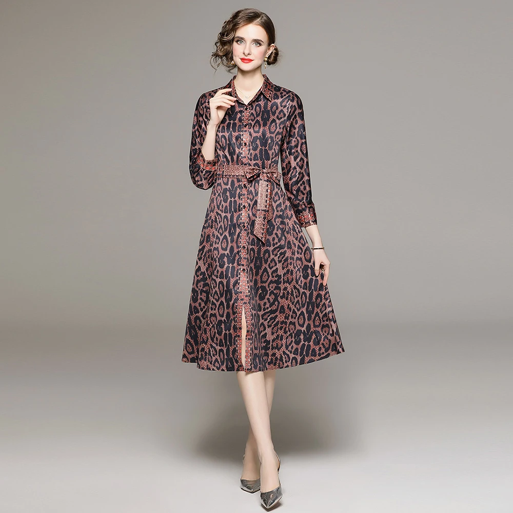 

Merchall Runway Spring Summer Leopard Print Shirt Dress Women Fashion Single Breasted Belt Midi Casual Holiday Robes M3969