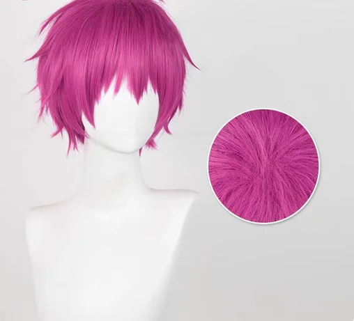 Peluca de Cosplay de Anime Saiki Kusuo, rosa roja, pelo sintético resistente al calor, pelucas de fiesta de Halloween + gorro de peluca