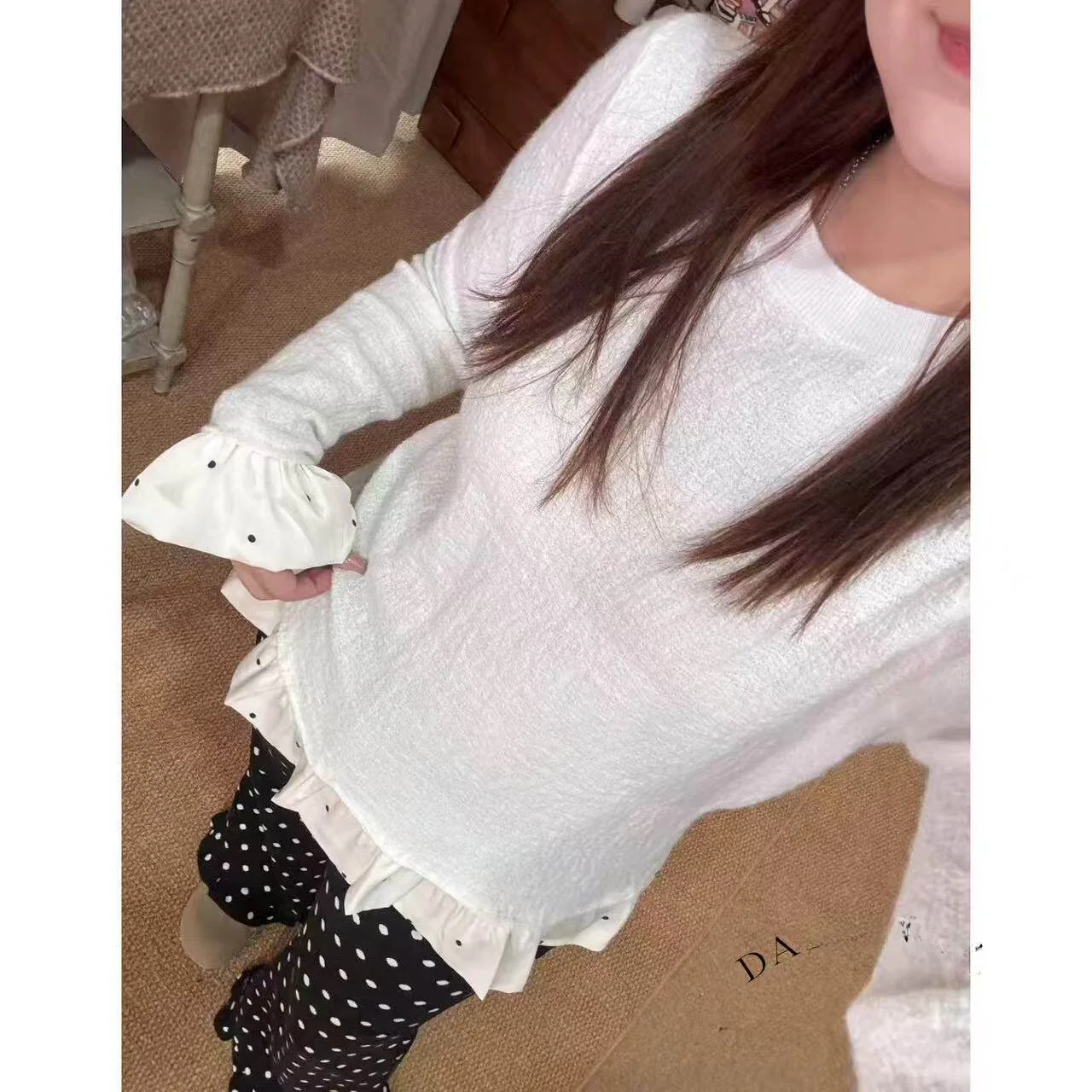 

Рубашка JINGU Green Label с круглым вырезом и принтом в горошек, эластичный расклешенный подол, большие размеры, удобный крой, повседневный топ