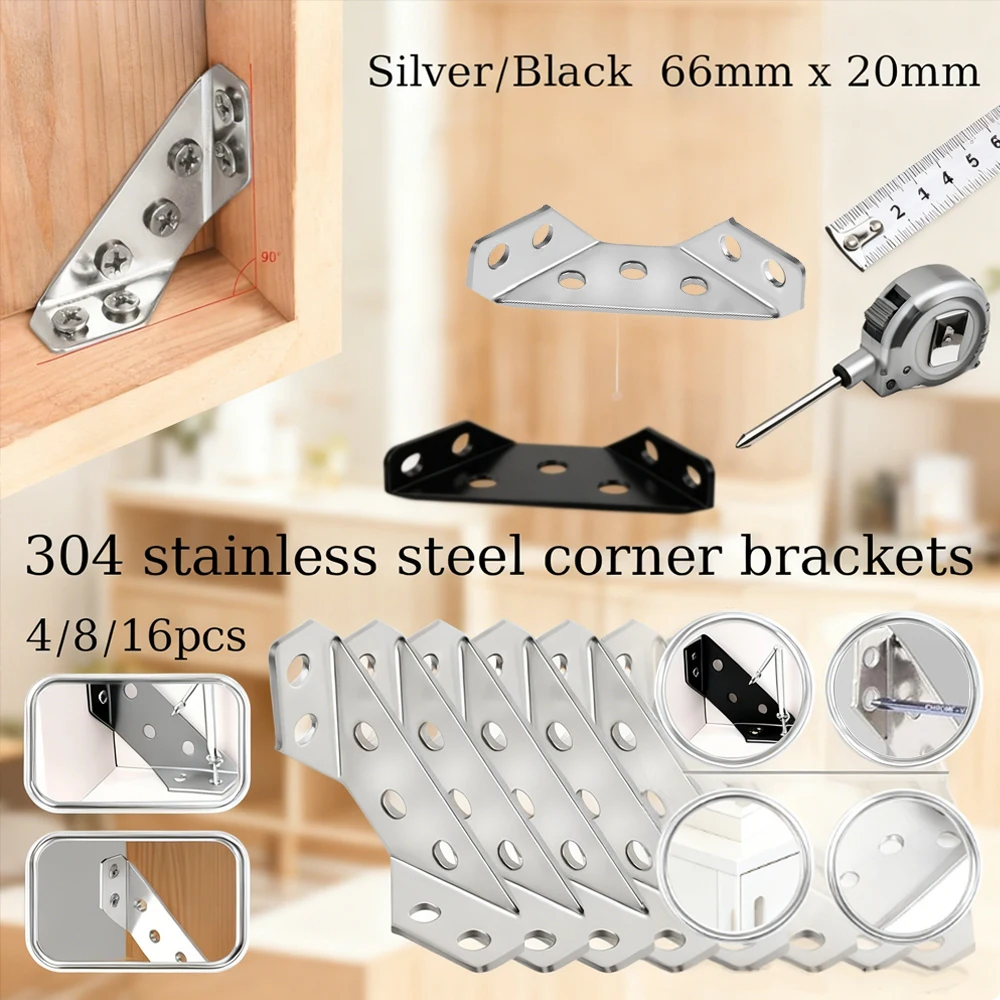 

4/8/16PCS Thickened Stainless Steel 90-Degree Angle Brackets, Sturdy Right Angle Fixed Connectors for Furniture (Silver/Black)