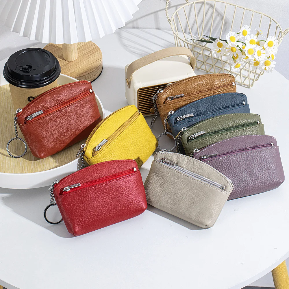 Multi-color Real Leather Coin Purse, Litchi Texture Zipper Shell Shape Card Holder with Key Ring Small Storage Coin Bag
