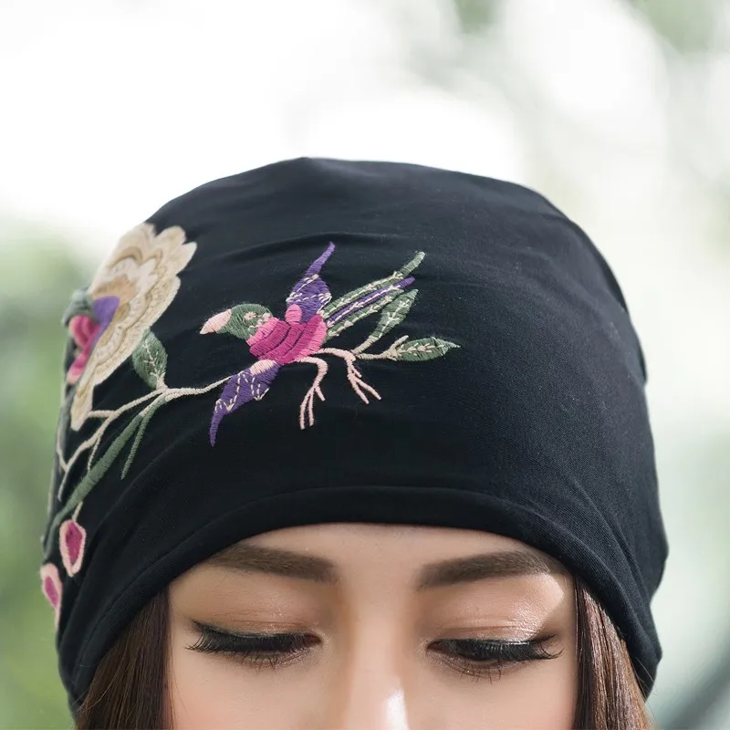 Cheshanf Cheap-clothes-china Women Autumn Winter Mexican sSyle Vintage Hippie Black Blue Flowers Embroidery Hat Skullies Beanies