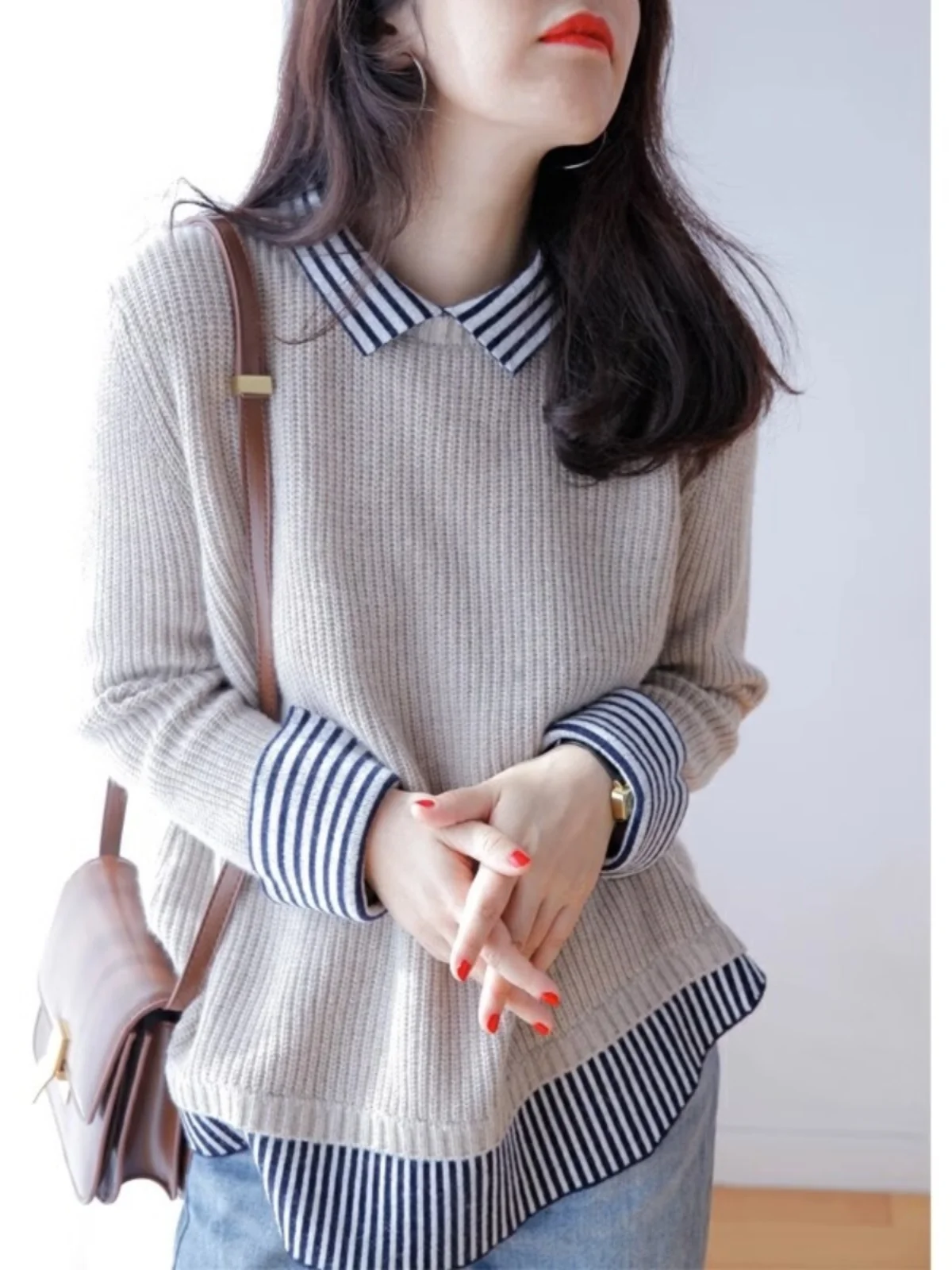 Women's Shirt Collar Knitted Sweater Inner Wear Autumn Winter Doll Collar Base Shirt Color Block Striped Outerwear Fake Two-P...
