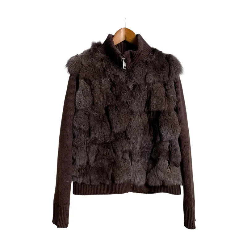 Fox fur jacket women's knitted splicing short temperament jacket stand-up collar thickened coat