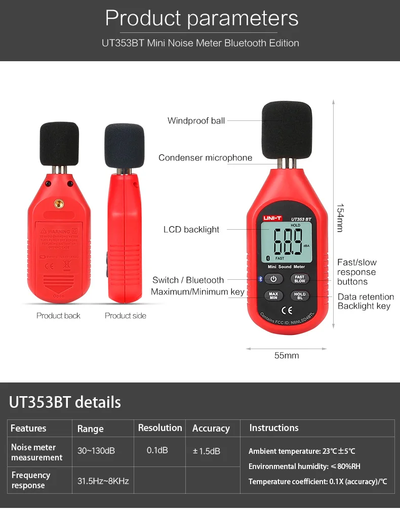 UNI-T Lärmmesser UT353 UT353BT Schallpegelmesser 30 ~ 130 dB Messgerät Dezibelmesser Schalldetektor Digitales Sonometer – Detail 9
