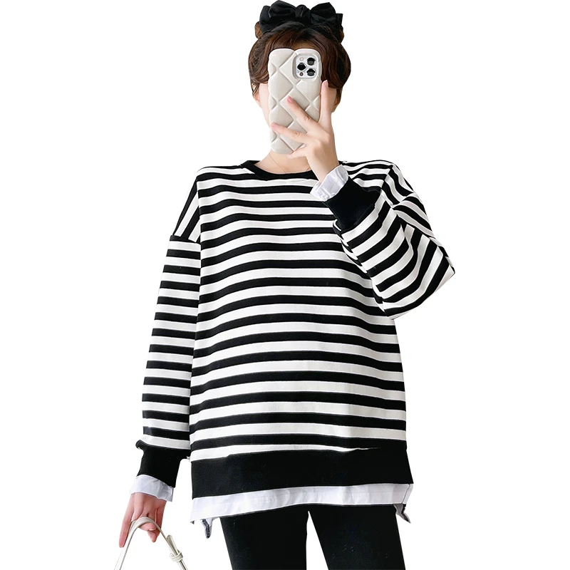 Pregnancy Hoodies Striped Spring and Autumn Pregnant Women Fashion Loose Fleece Jacket Navy Blue Maternity Casual Sweatshirts