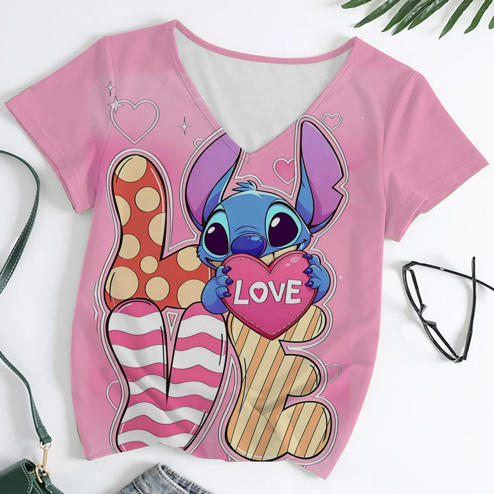 

Disney's Lilo & Stitch Summer Women T-Shirt Cute Cartoon V-Neck Tops Tees Daily Casual Streetwear Female Fashion Outfit Clothing
