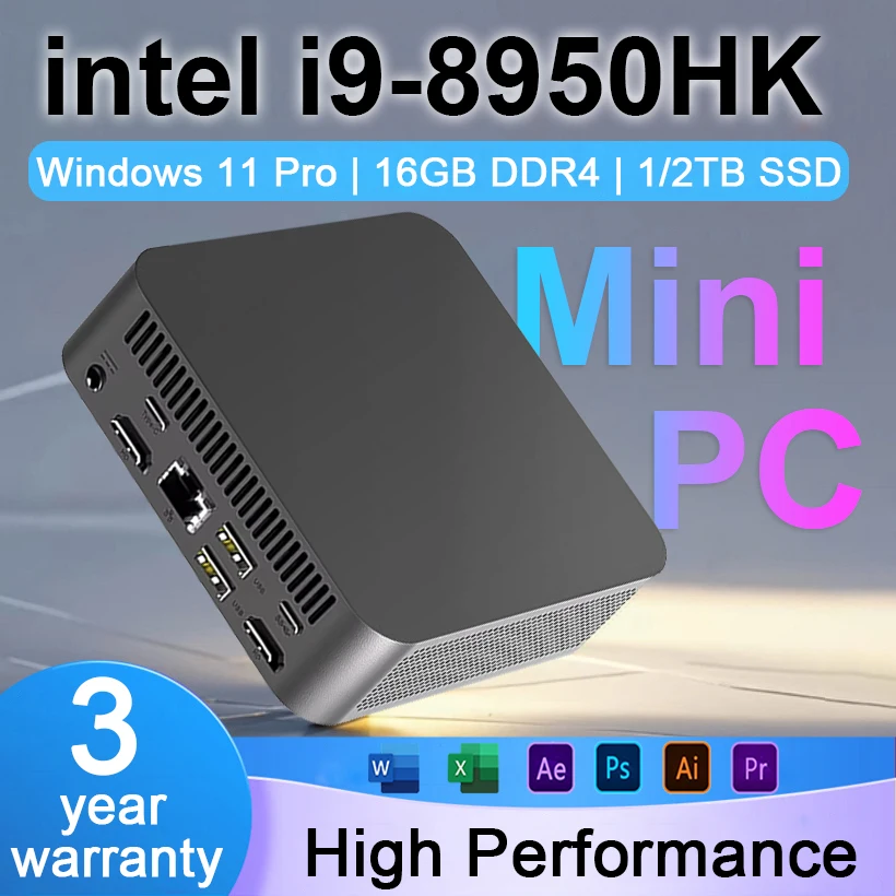 

МИНИ-ПК Windows 11 Intel Core i9 8950HK 16 ГБ ОЗУ 1 ТБ SSD Компьютер Dual WIFI 6 BT5.2 4K HD Мини-игровой офисный учебный ПК