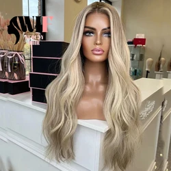 WIF Body Wavy Ombre Blonde Synthetic Lace Wig Long Wavy Natural Hairline Black Root Ash Blonde Lace Front Wigs Makeup Use Hair