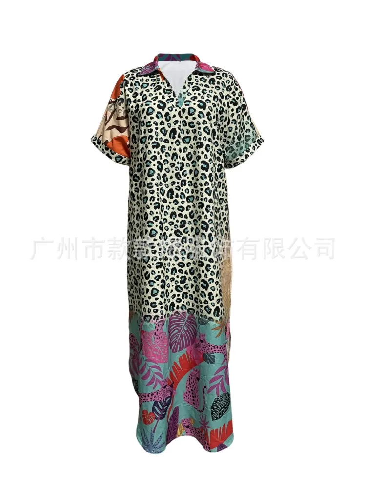 

2025 Women's Summer Loose Dress Fashion Leopard Print V-Neck Short Sleeves Elegant Dress Flip Collar Pocket Design Lady Clothing