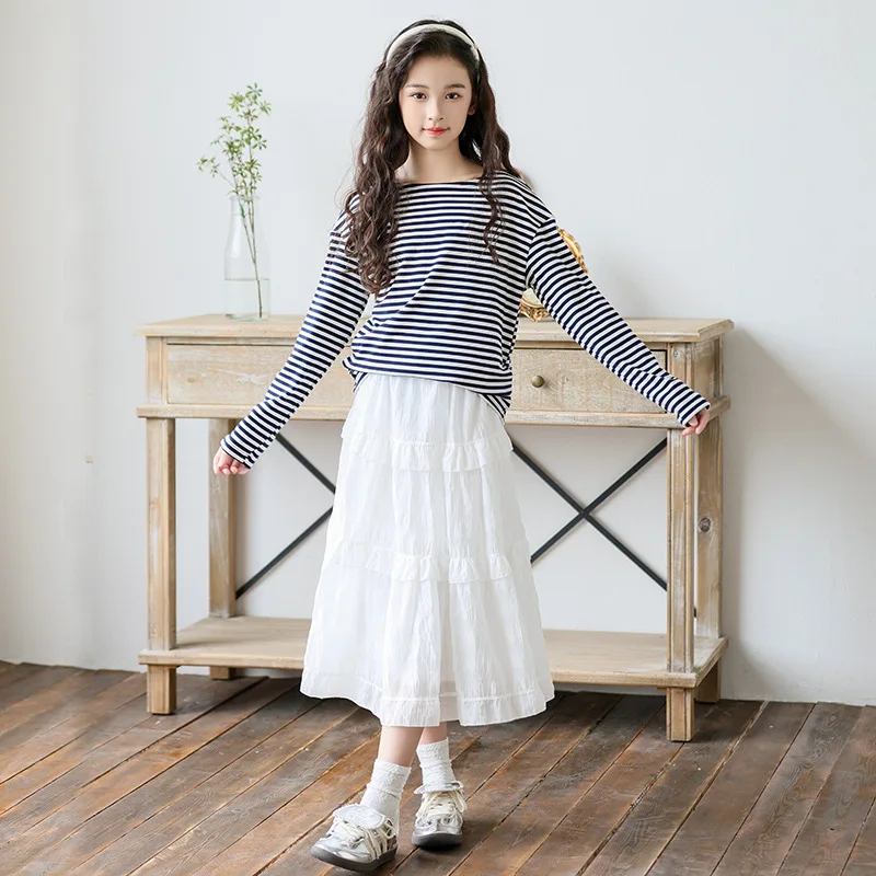 ZOETOP 2024 Spring Autumn School Girl Clothing Set Teenager Girl Stripe Long Sleeve Tops+Chiffon Midi Skirt Sets For Children