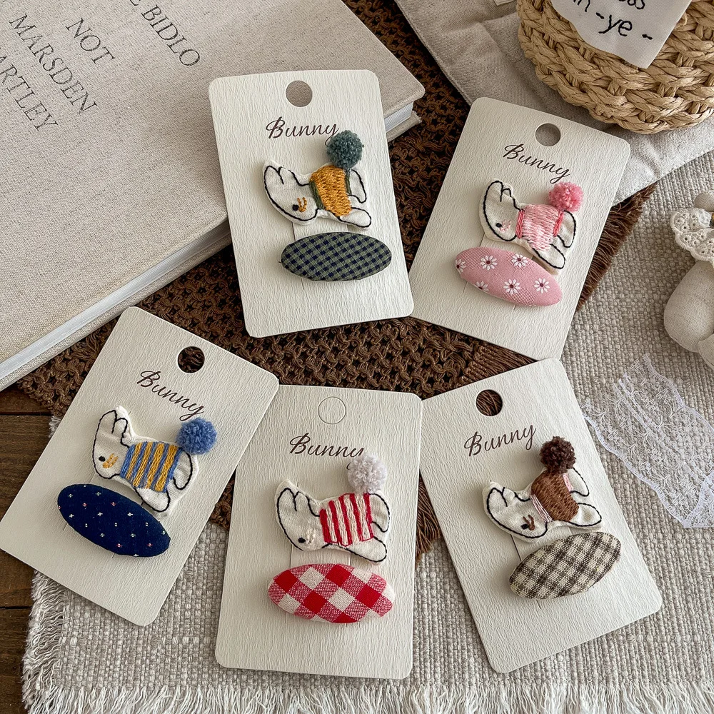

2pcs Cartoon Rabbit Embroidery Children's Hairpin Retro Plaid Bangs Side Clip Hairpin Hair Clip Girl Hair Accessories Headdress