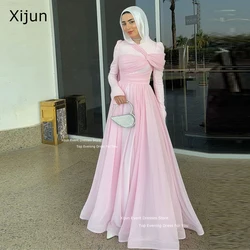 Xijun Modest Pink Chiffon Evening Dresses Muslim Moroccan Kaftan Prom Dresses Dubai A-Line Floor Length Prom Gowns Customized