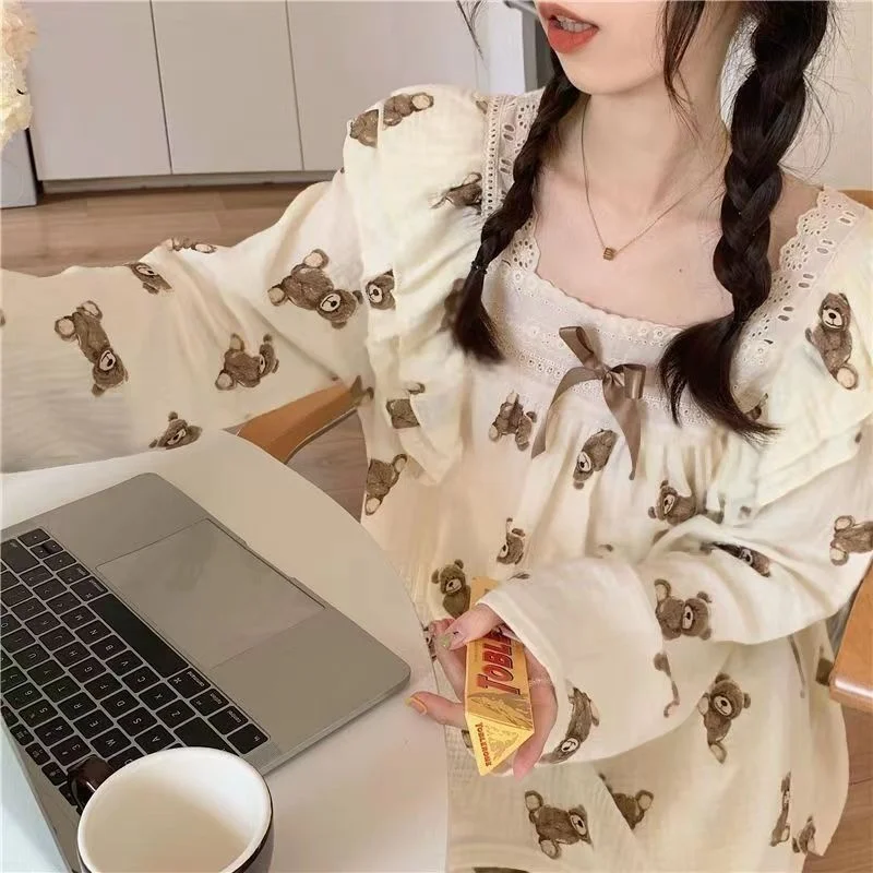Thin Long Sleeve Home Clothes Set for Women Spring Autumn Princess Style Loose Fit Bear Print Sleepwear with Sweet  ...