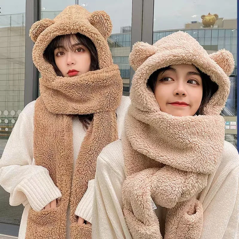 Autumn and winter bear three-piece set, thickened ear protectors, warm hat, scarf gloves three-in-one plush hat