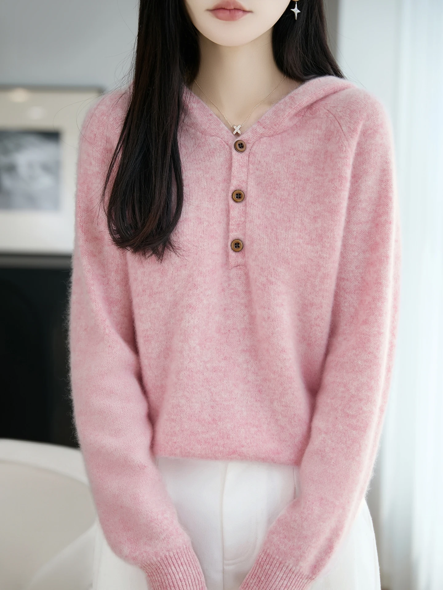 100% Merino Wool Women's Hoodie Long Sleeve Pullover Autumn Winter Versatile Knitted Sweater Warm Fashionable Women's Top