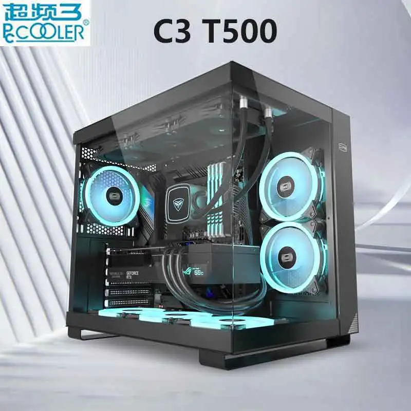 PCCOOLER 컴퓨터 케이스, 후면 삽입 설치 지원, 40 시리즈 그래픽 카드, 270 ° 유리 케이스, ATX, M-ATX, ITX, C3 T500