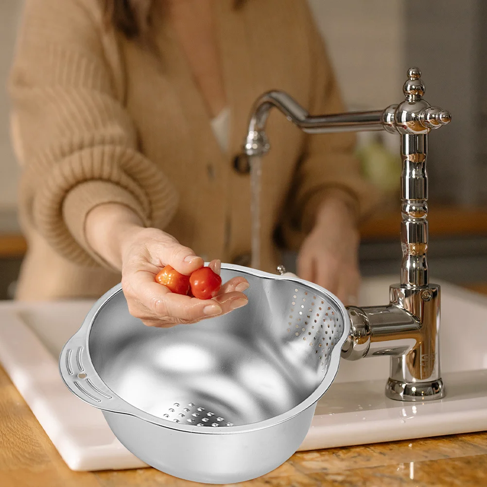 

Colander Stainless Steel Rice Bowl Fruit Washing Strainer Basket Dishes Vegetable Washer Silver