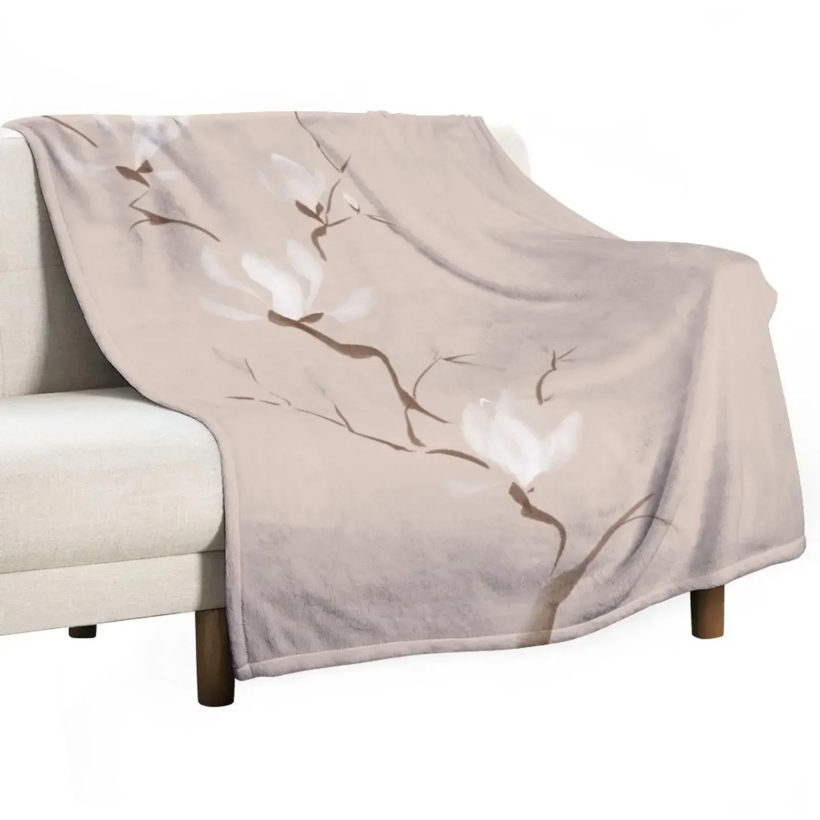 

Branch of blooming magnolia flowers artistic Zen Sumi-e painting design on beige background art print Throw Blanket