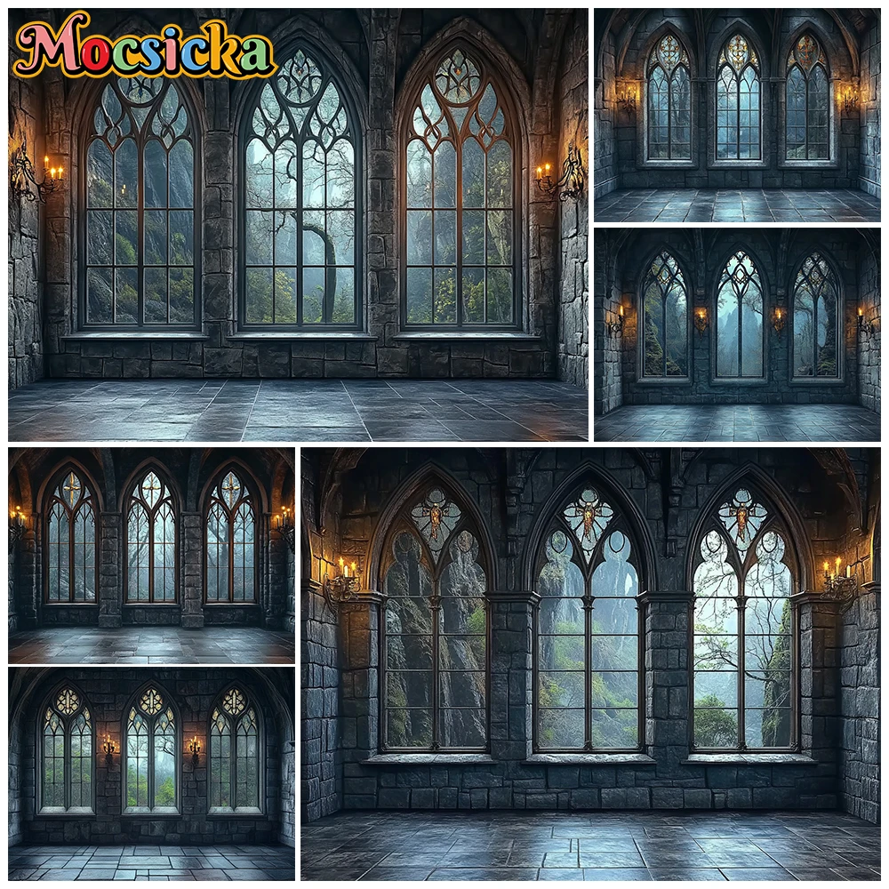Mocsicka Rustic Dark Castle Photography Backdrop Windows Retro Wall Shoots Family Portrait Wizard Party Photo Props Backgrounds