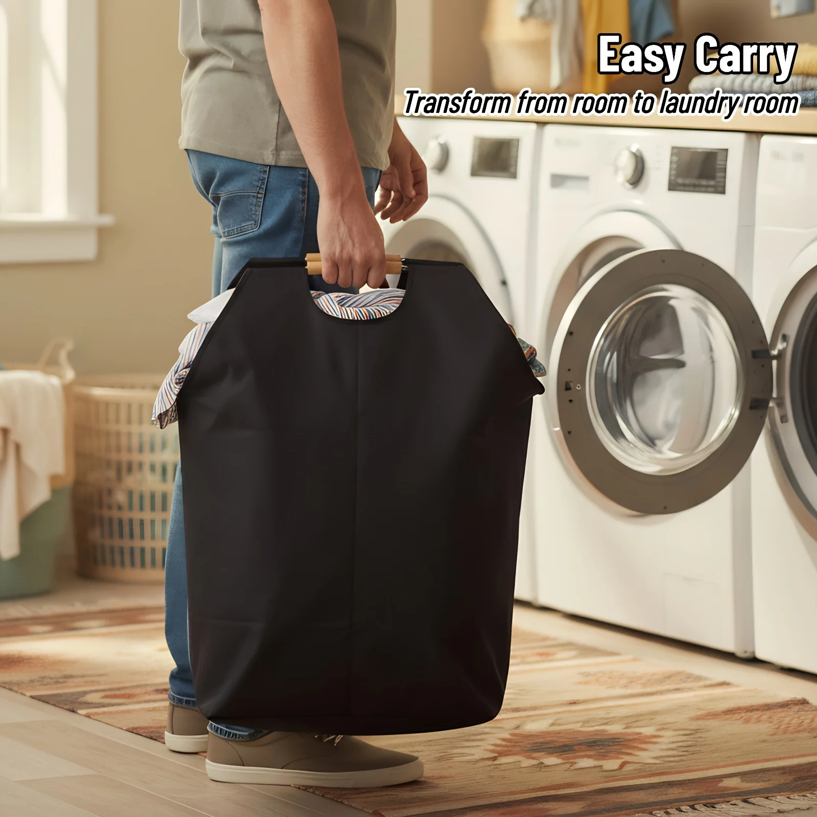 Cesto de Ropa Plegable, Cesto de Almacenamiento Extra Grande con Asas de Madera, Organizador Plegable para Baño, Dormitorio, Cesto de Ropa