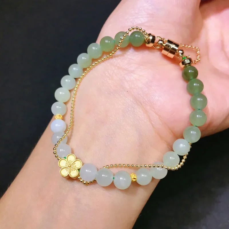 

Natural Gradient Color Hetian Jade Beaded Bracelet 925 Silver Golden Peach Blossom Magnetic Buckle Bracelet Women Jewelry