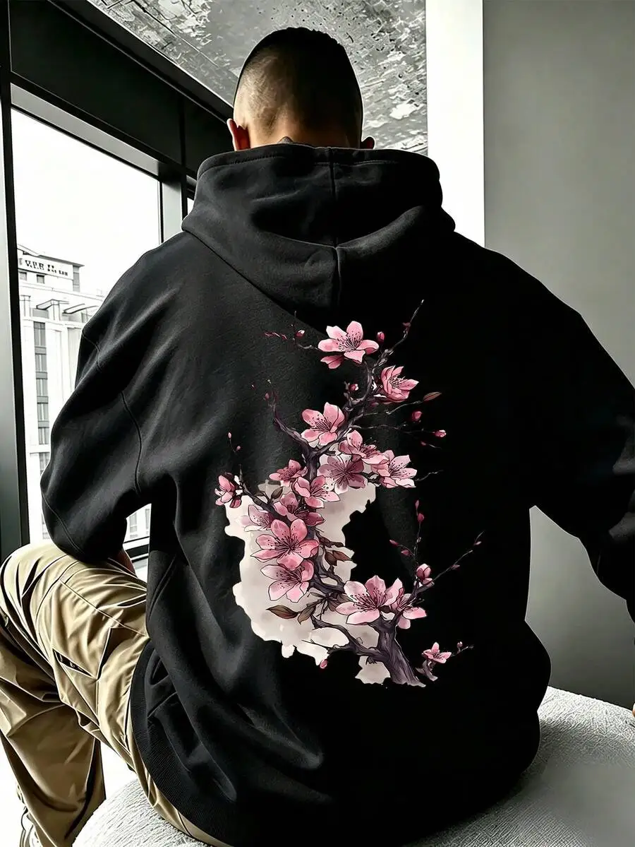 Men's Soft Cotton Blend Drawstring Hoodie With Ink Wash Cherry Blossom Floral Art Pattern, Suitable For Daily Wear In Autumn And Winter