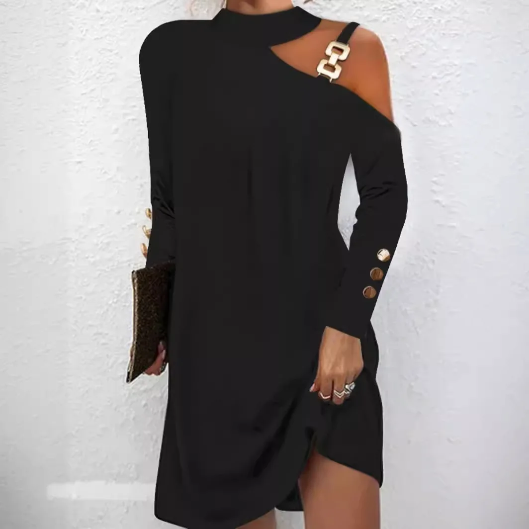 

New Fashion Off-shoulder Slim Halterneck Dresses Women Summer Sexy And Elegant Solid Color Metal Buckle Mini Dress For Women