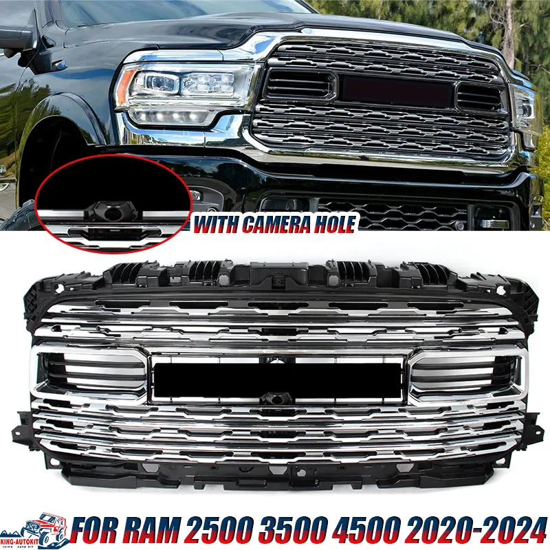 

Front Grille For RAM 2500 3500 4500 2020-2024 Horizontal Billet Front Bumper Upper Hood Grille w/ Camera Hole Auto Exterior Kit