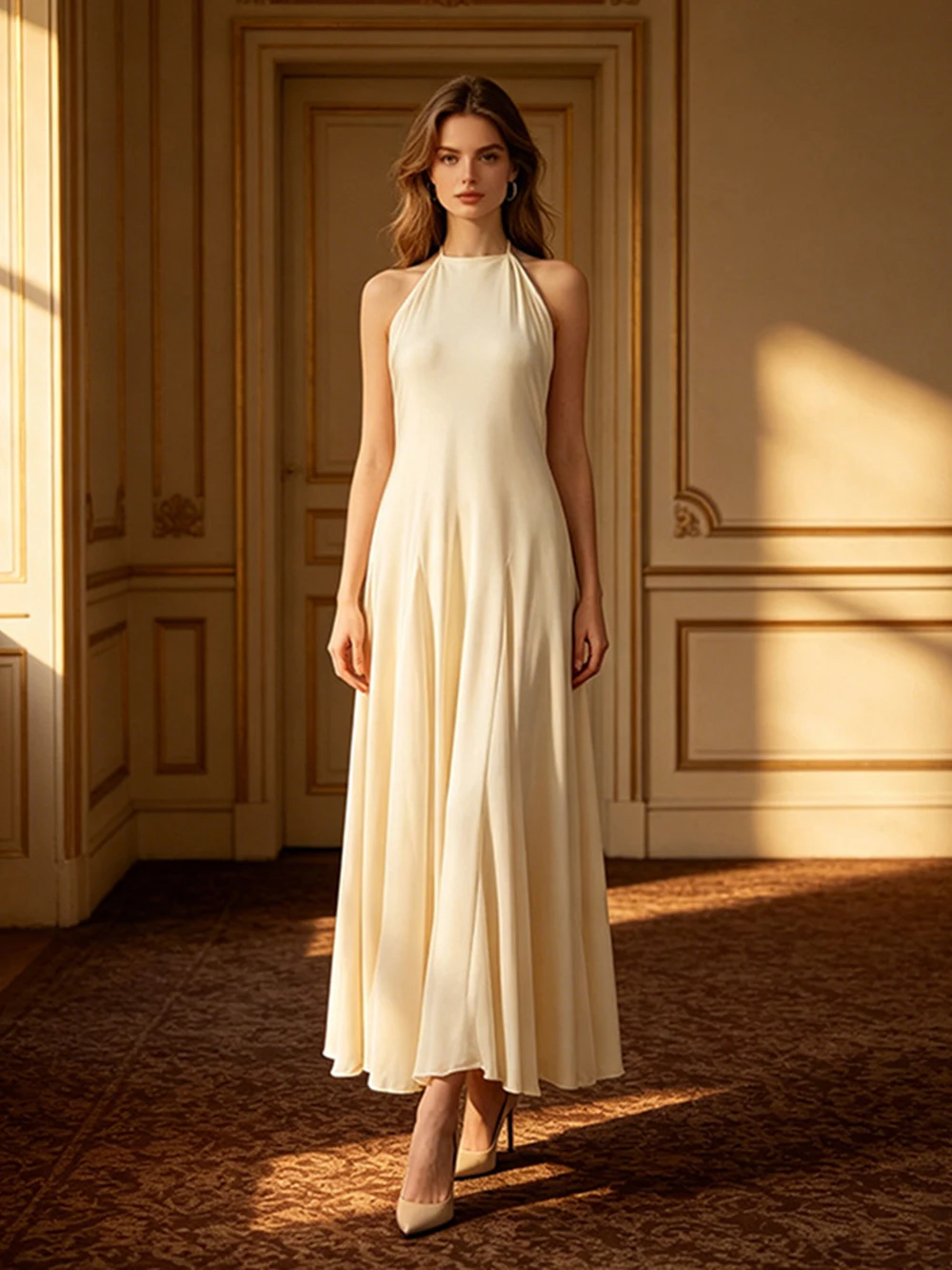 

Fashionable And Elegant Style Dress 2026 New Fashionable Solid Color High Waist Slimming Sleeveless Hanging Neck Long Skirt
