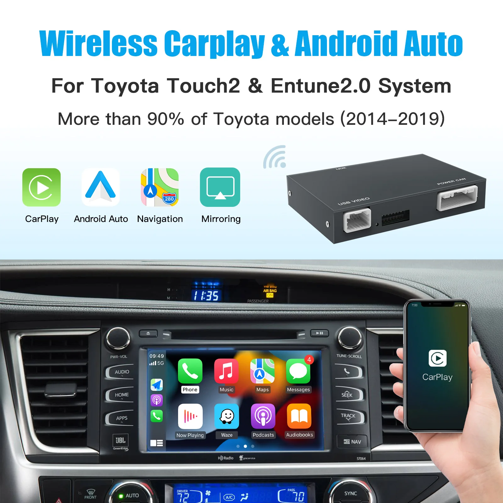 AUTOABC Wireless For TOYOTA 2014-2019 HIGHLANDER 4Runner Tundra RAV4 Tacoma Land Curiser Prado Auris Avalon Android Auto Decoder