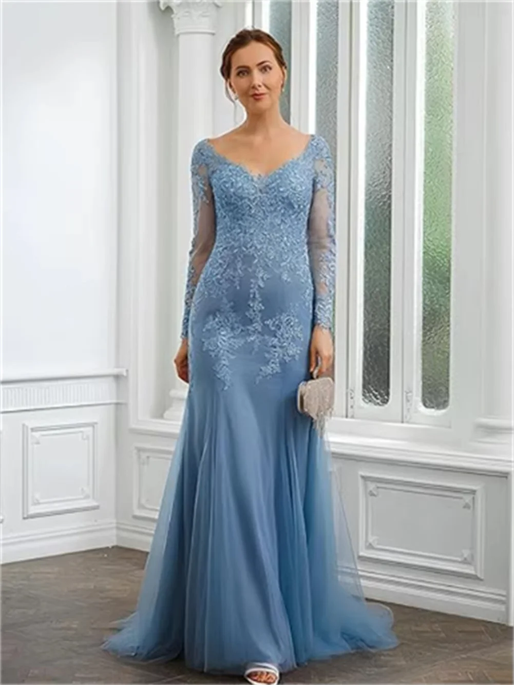 

V Neck Mother of The Bride Dresses For Wedding Mermaid Long Prom Dresses Lace Applique Tulle Long Sleeves Formal Evening Dresses