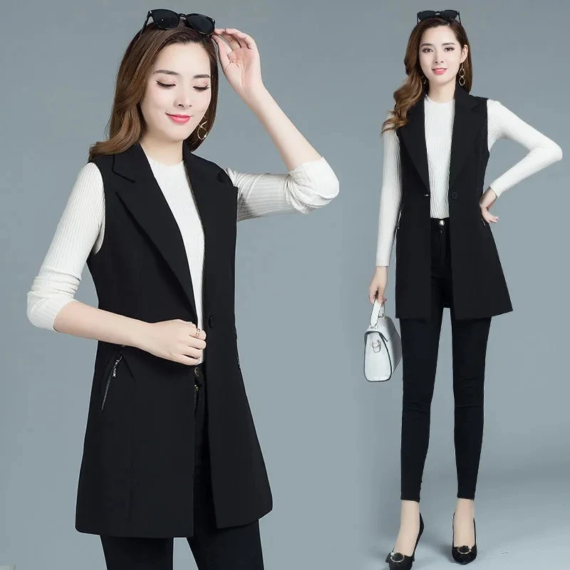 2024 Classic Women Long Blazer Vest Elegant Office Lady Coat Female Waistcoat Casual Suits Sleeveless Jacket Pocket Outwear