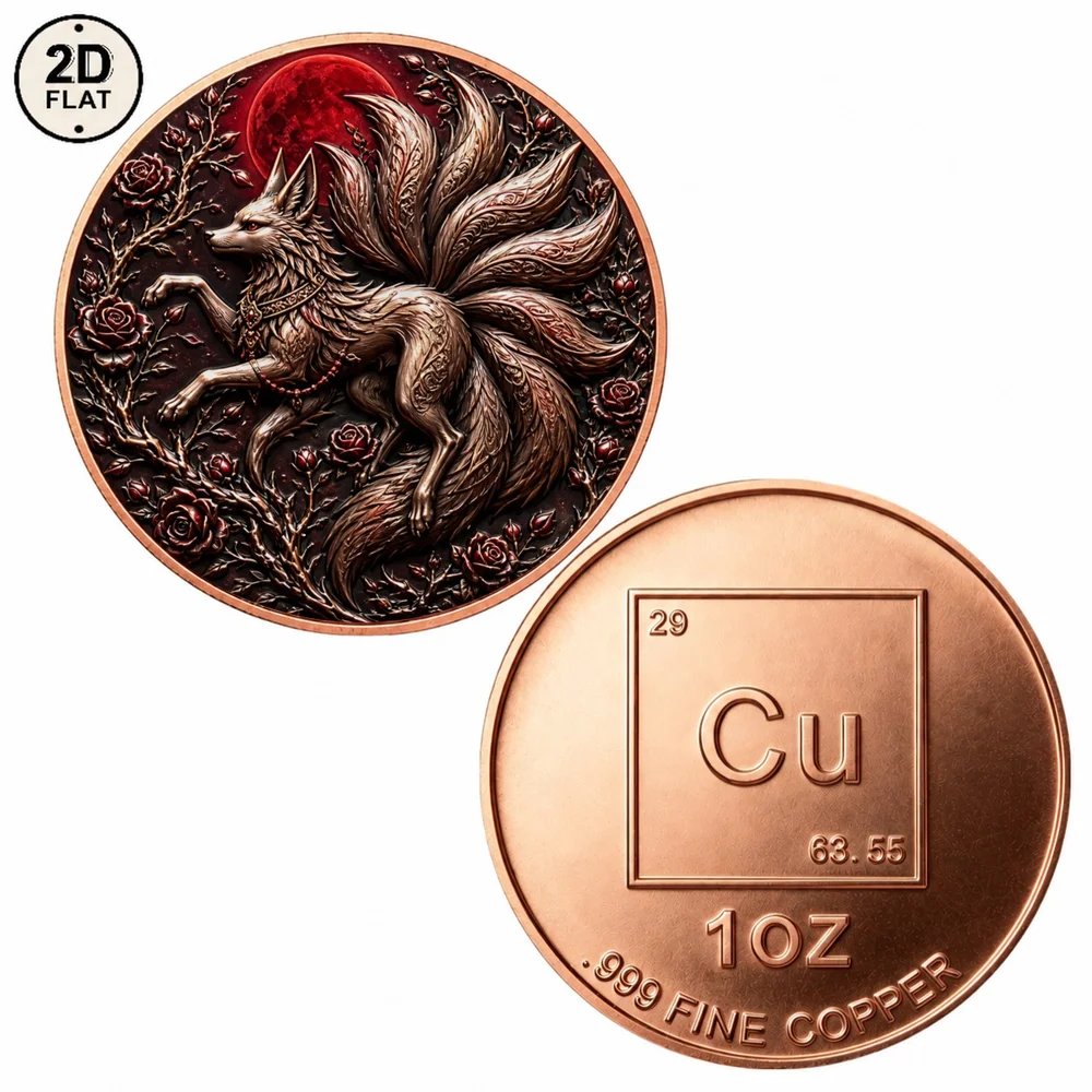1pc Nine-Tailed Fox 1oz Fine Copper Challenge Coin Color Printed Mythical Creature Commemorative Medal Gift for Mythology Fans