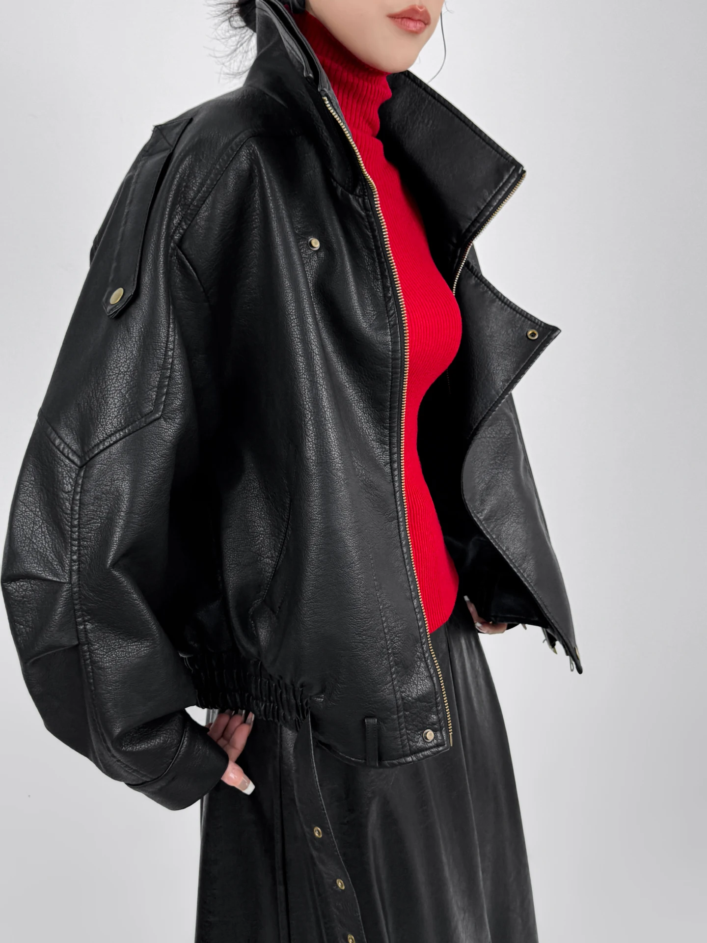 Double Z américain Cool moto col Jaet femmes ample décontracté Bla PU protéine cuir ort manteau Vintage Sle Long Sve