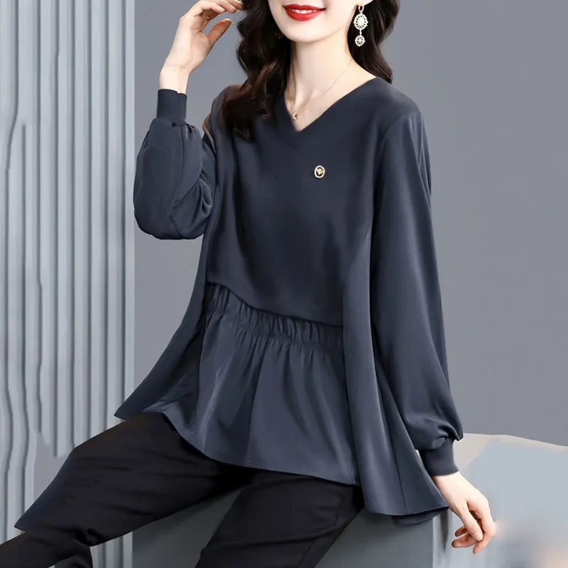 Fashion V-Neck Spliced Shirring Loose Folds Blouse Women Clothing 2022 Autumn New Casual Pullovers Oversized Office Lady Shirt