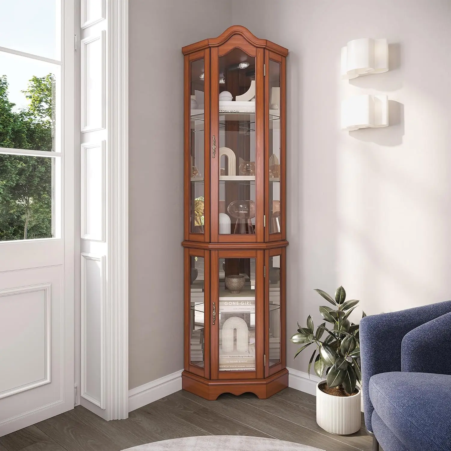 Lighted Glass Curio Cabinet w/Tempered Doors & Shelves, Wood Corner Cabinet with Bulb, Storage Rack for Living Room & Kitchen, C