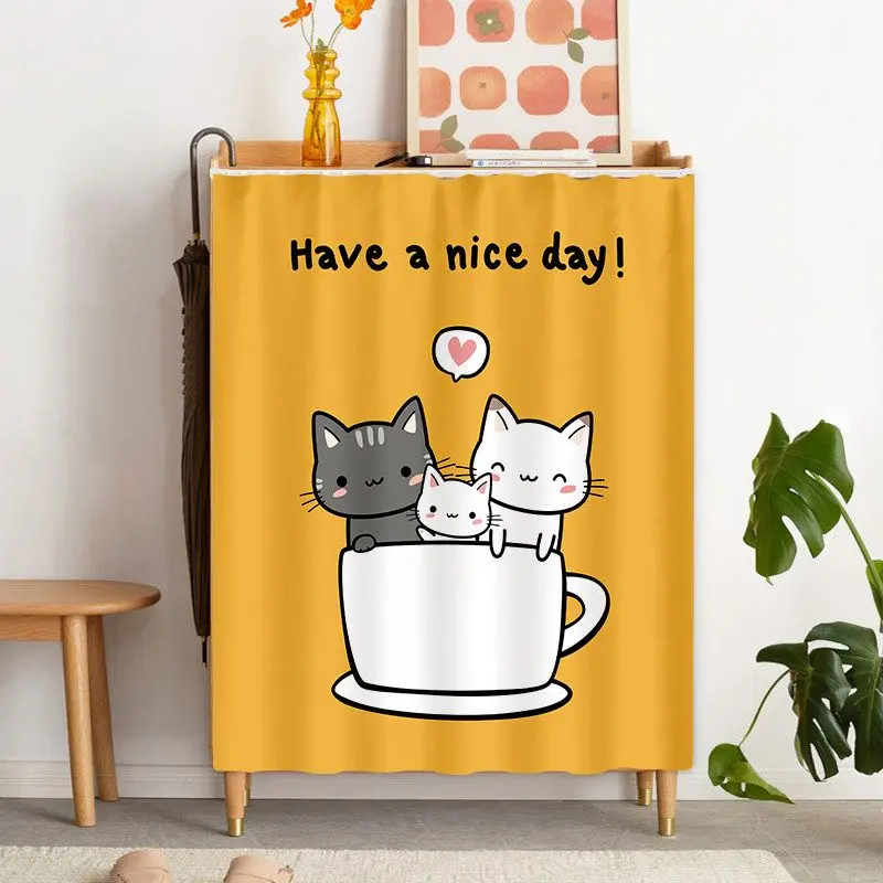 VIKAMA Cabinet Door Curtain Cat in Cup Print Dresser Cover for Kitchen Cupboard Storage Cabinet Have a Nice Day Decor