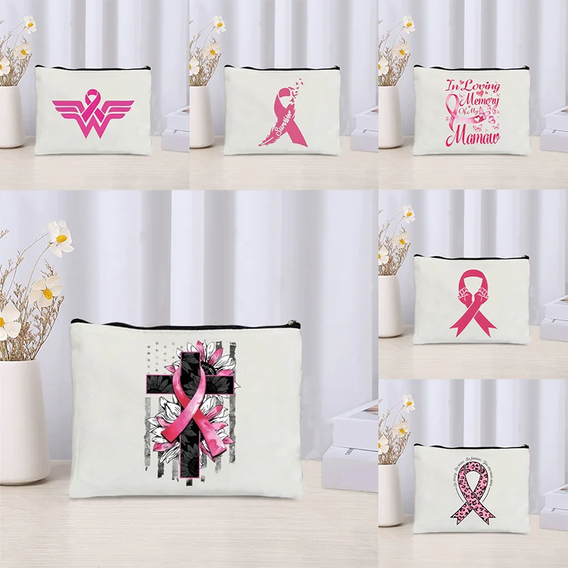 Pink Ribbon Breast Cancer Gifts Makeup Bags Women Small Canvas Cosmetics Pouch with Zipper Reusable Travel Beauty Organizer