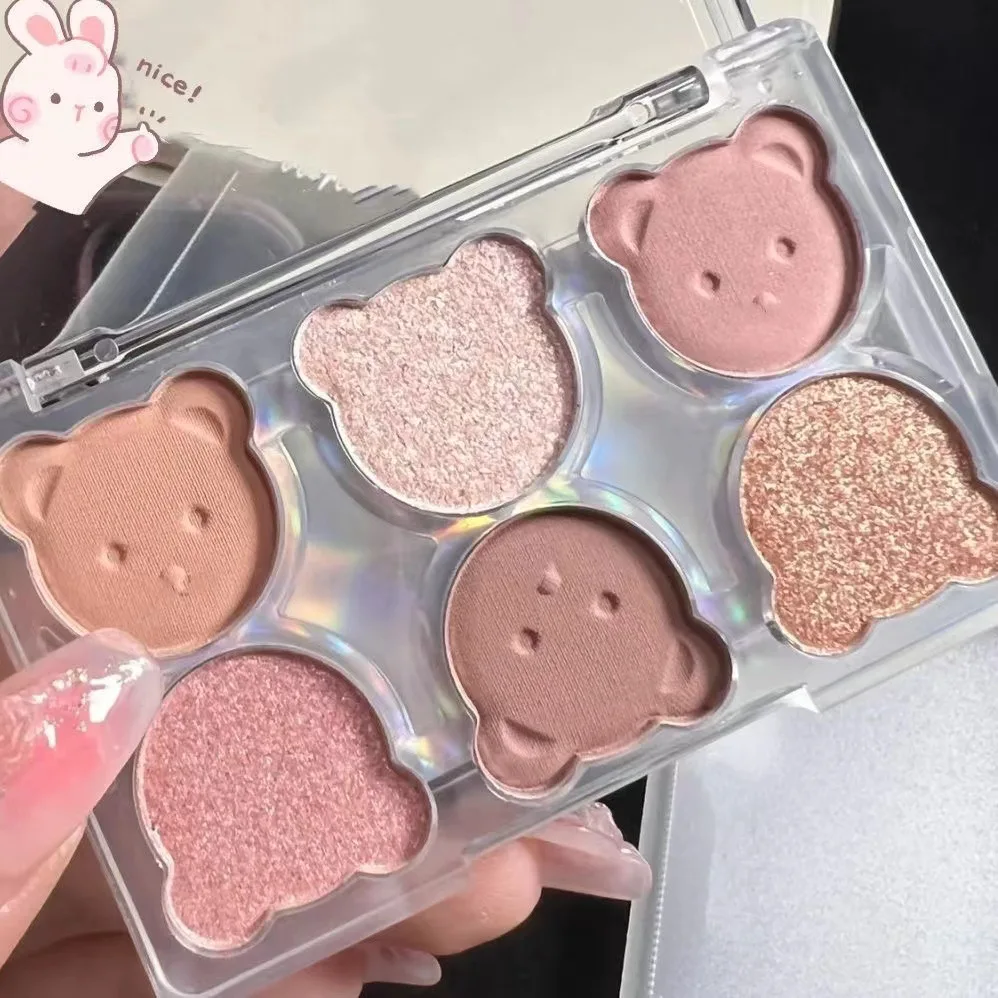 6-Color Cute Bear Eyeshadow Palette Nude Purple Glitter Pearly Eye Shadow Matte Long Lasting Korean Eye Makeup Palette Cosmetics