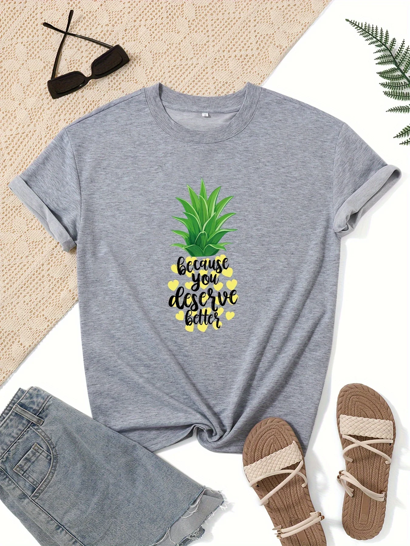 Pineapple Print T-shirt, Short Sleeve Crew Neck Casual Top For Summer & Spring, Women's Clothing