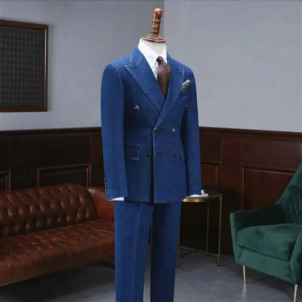 Classic Blue Denim Suits Men Double Breasted Jacket Pants 2 Pieces Male Daily Wear Custom Made Groom Wedding Tuxedo Buisiness