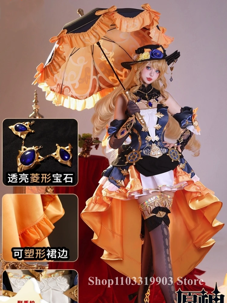 

Hot Navia Cosplay Costume Game Genshin Impact Doujin Elegant Dress with Hat Women Navia Cos Clothes Comic-con Party Suit