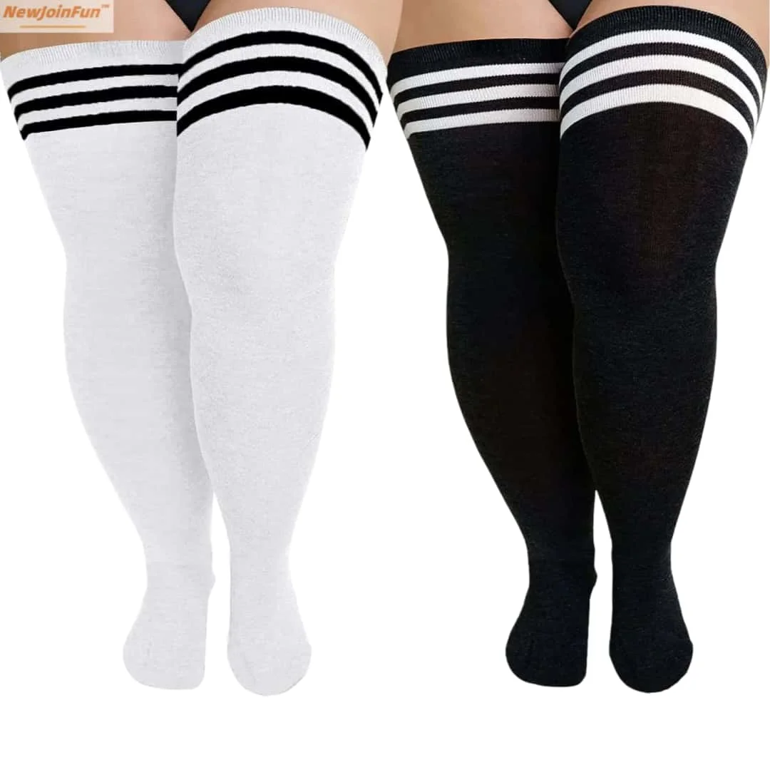 Oversize Thigh High Black White Striped Over Knee Long Socks Autumn Winter Thick Stockings Leg Warmers for Woman Plus Size 3XXXL