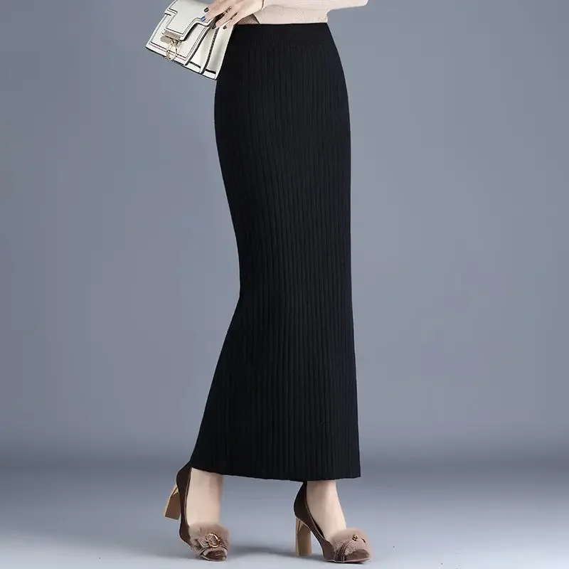 Woman Knitted Maxi Skirts Female Vintage Elegant Office Pleated Skirt Office Ladies Long Casual Warm Elastic All-match Skirt G45