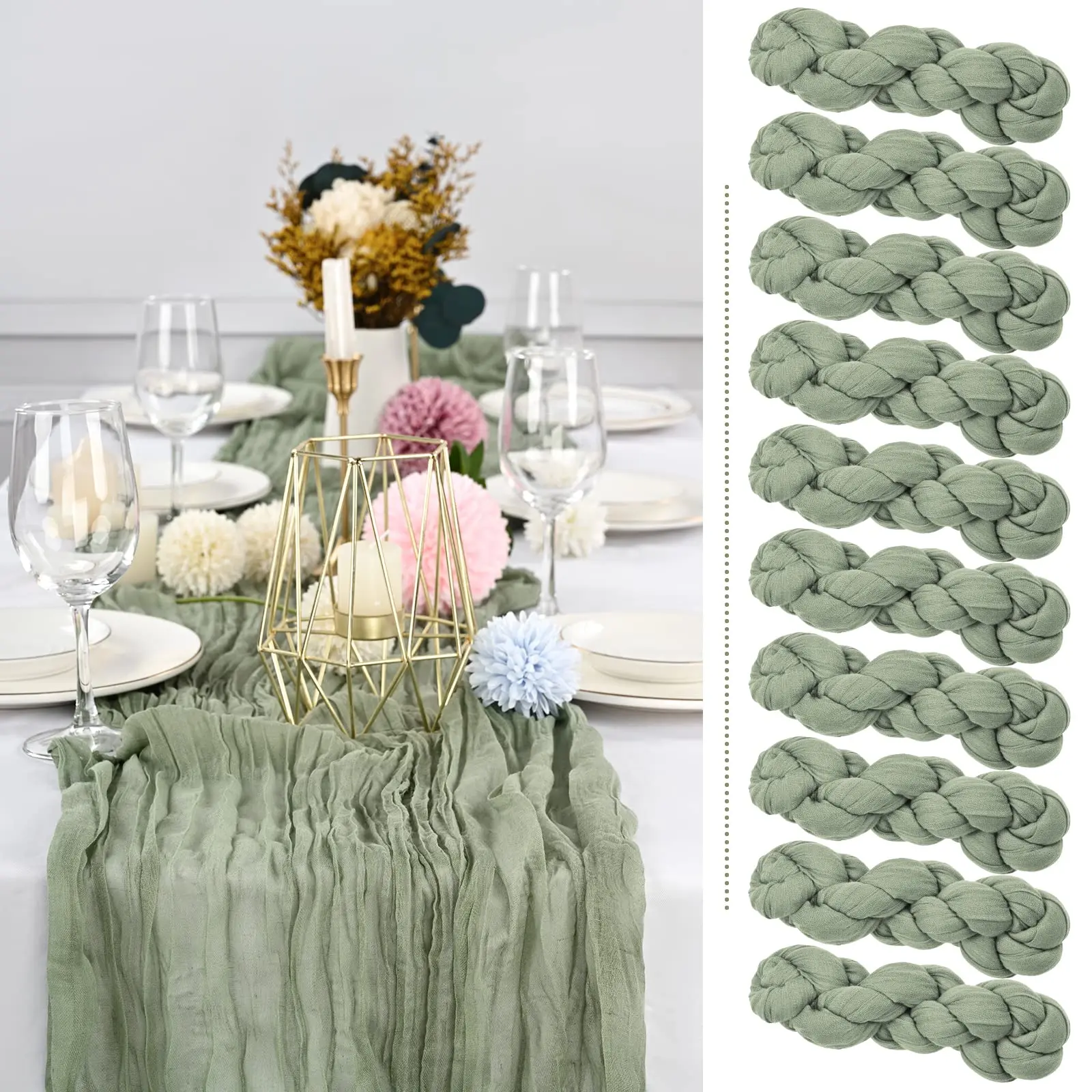 10PCS Semi-Sheer Gauze Green Table Runner Sage Cheesecloth Rustic Country Boho Beach Wedding Party Table Decor Table Runners