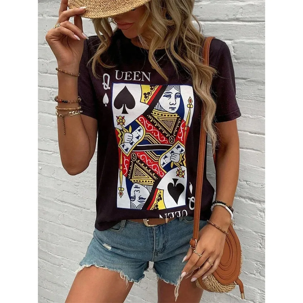 Camiseta con estampado de póker en 3D para mujer, Top informal de manga corta para uso diario, ropa de calle urbana a la moda con cuello redondo Y2K